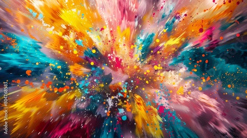 Intense abstract painting capturing a burst of colors and dynamic motion.