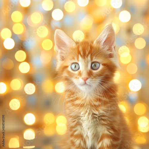 Charming red haired kitten with blue eyes on soft pastel colored blurred background