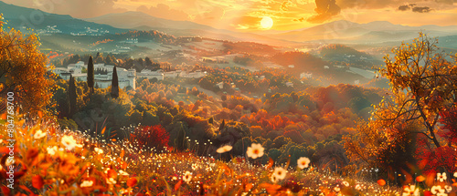Autumn Mountain Valley at Sunset  Colorful Trees and Mist Creating a Stunning Landscape