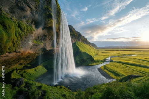 Majestic Beautiful Seljalandsfoss waterfall. Wilderness natural scenic landscape. Generate ai