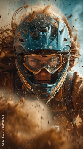 close up of a kid on wearing goggles in a massive sandstorm in a desert