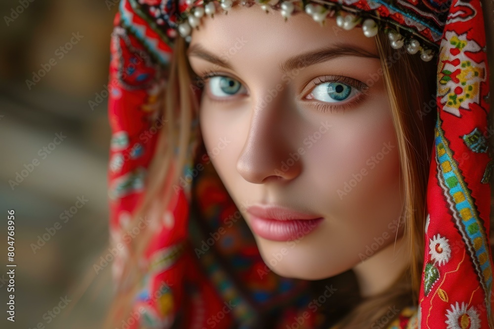 Exquisite Beautiful Slavic woman. Attractive lady with blue eyes and headscarf. Generate ai
