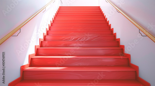Candy apple red stairs with a minimalist wooden handrail, full front view in a bright interior.