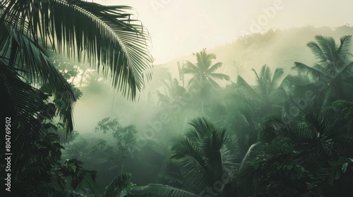 Dense fog envelops a lush tropical rainforest with towering palms.