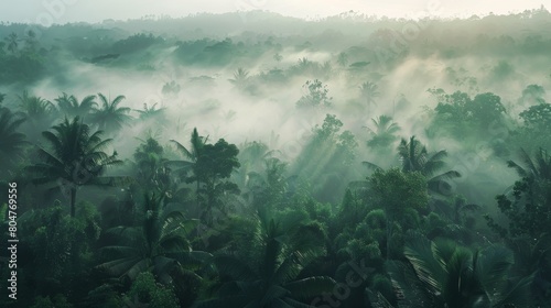 A serene view of a fog-covered tropical forest in early morning light.