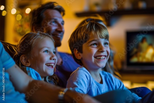 Family watching a movie in a cozy home setting.