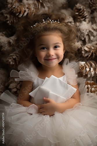 a girl in a beautiful New Year platinum smiles and poses for the photographer holding a gift in her hand
