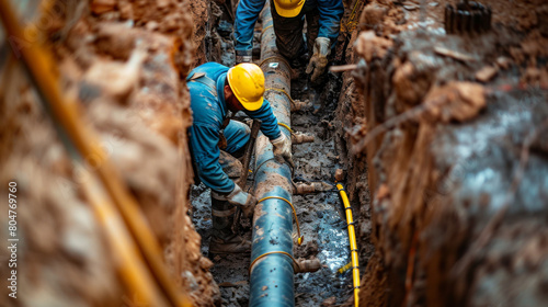 Two workers in a trench working diligently on a large underground pipeline, surrounded by muddy conditions.