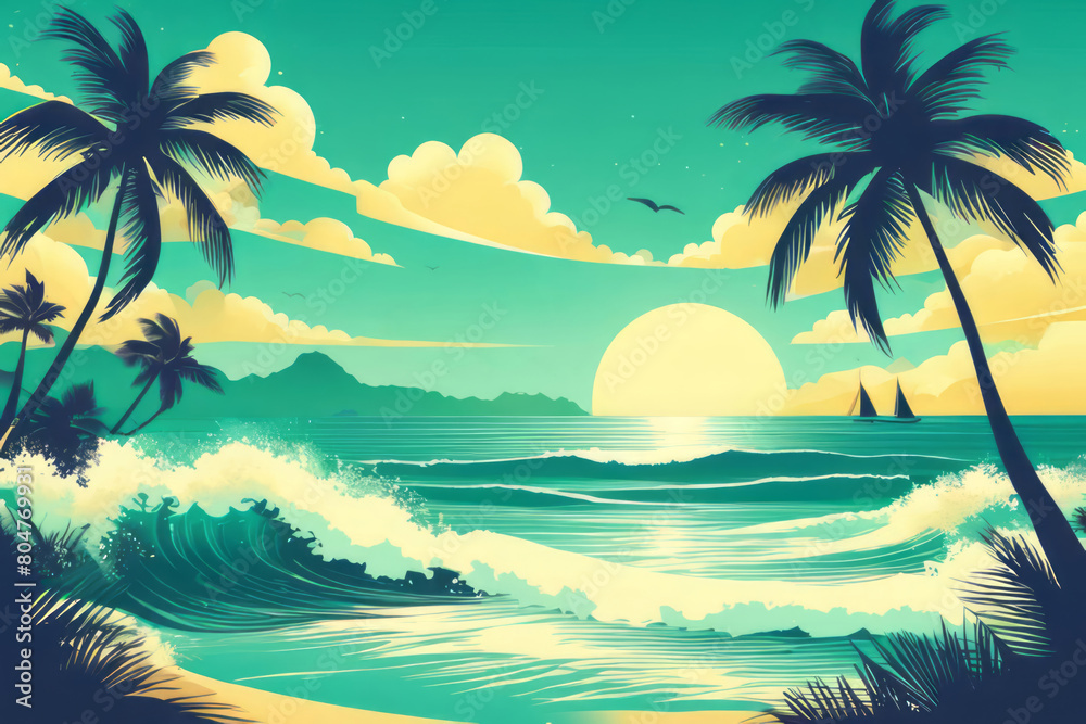 Illustration of retro vintage seascape banner, sand beach and palm trees on sunset background. Design for card, poster, banner