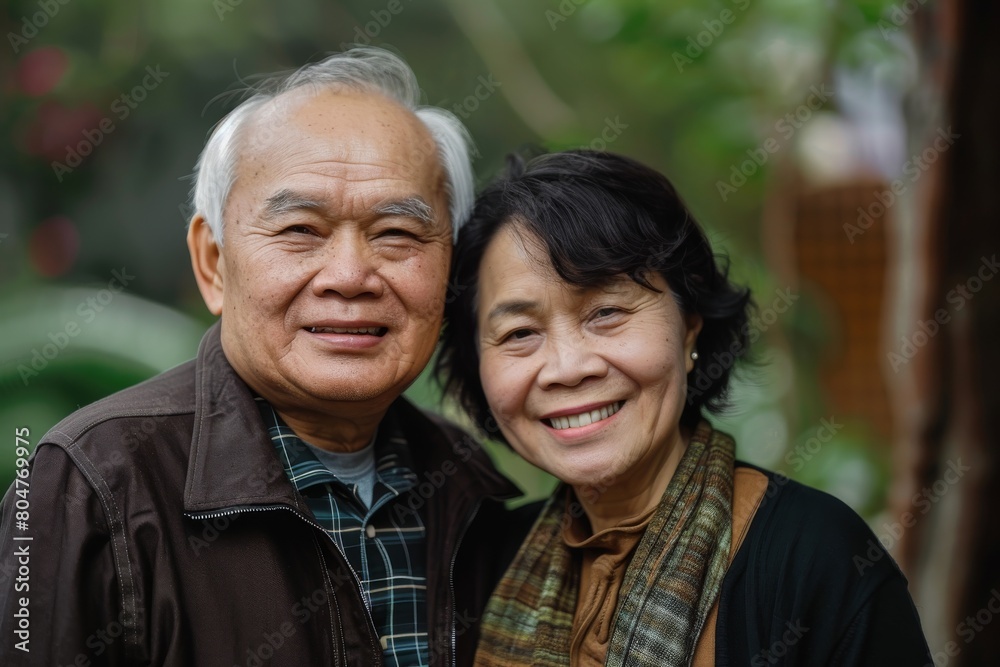 Elderly Asian couple smiling in the garden.