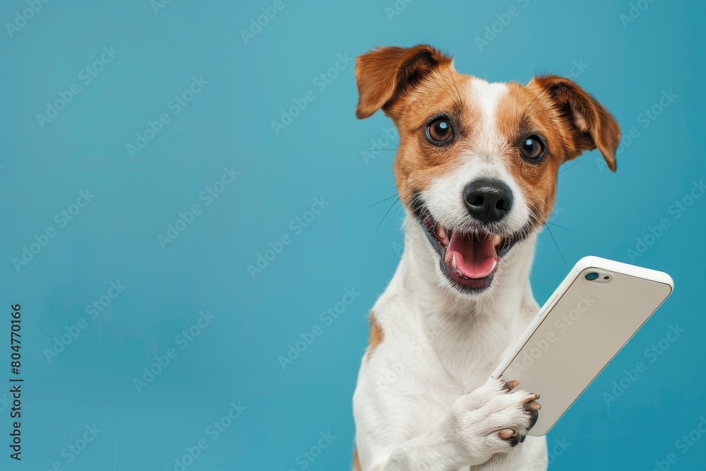 Dog holding white smartphone, joyful expression. Dog holding white smartphone, joyful expression.