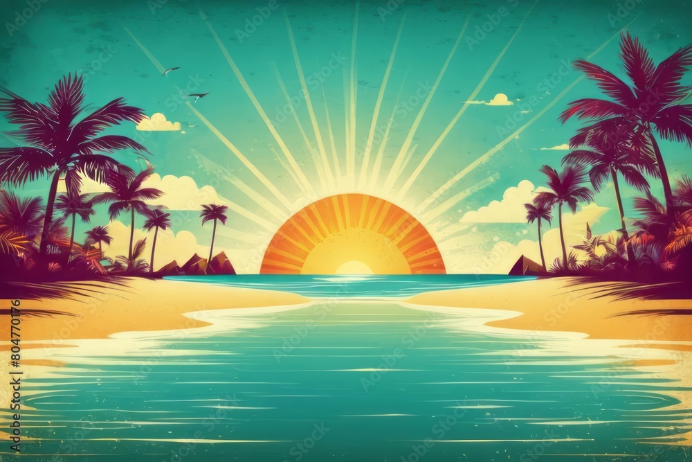 Obraz premium Illustration of retro vintage seascape banner, sand beach and palm trees on sunset background. Design for card, poster, banner