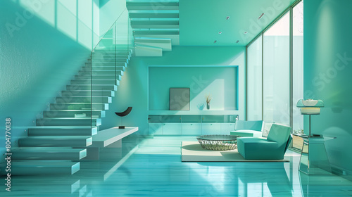 Contemporary U.S. entrance hall in vibrant aqua, with a floating staircase and sleek, understated furnishings.