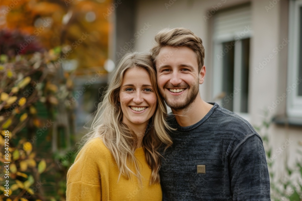 Young couple smiling in front of their home.
