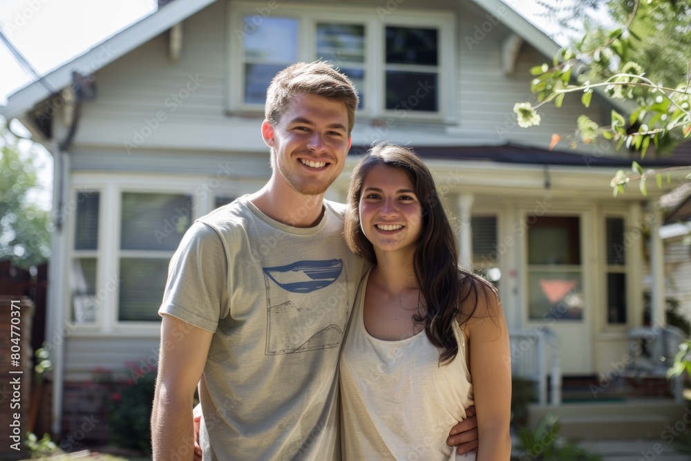 Naklejka premium Young couple smiling in front of their home.
