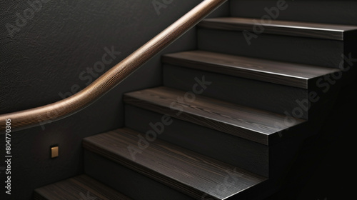 Dark espresso stairs with a sleek wooden handrail, angle from the side showing rail detail. photo