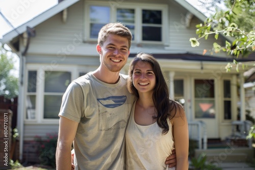 Young couple smiling in front of their home.