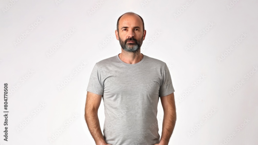 Middle-aged man in a grey T-shirt on a light background Middle-aged man in a grey T-shirt on a light background