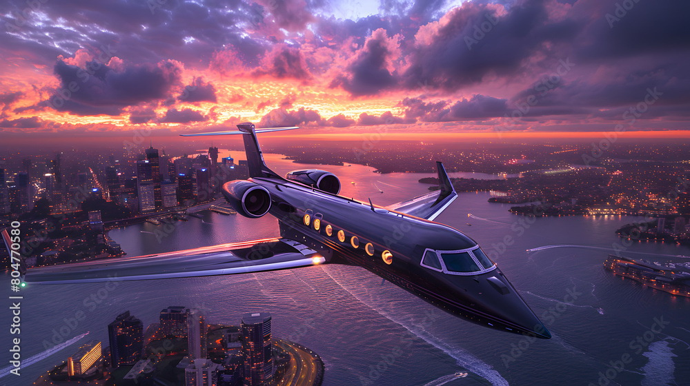 A small, private jet flying over a cityscape in HDR, showcases the contrast between the sleek aircraft and the urban environment. Luxury Concept

