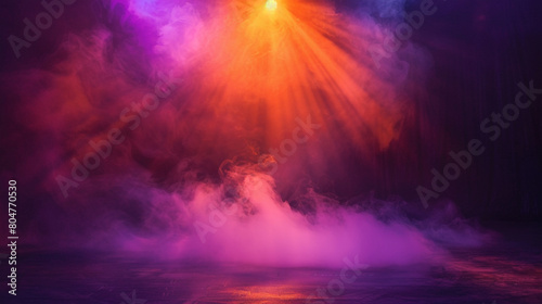 Deep purple smoke wafting over a stage under a neon orange spotlight  creating a regal  vibrant setting.