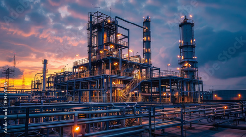 Aerial view of a vast industrial oil refinery complex during sunset, highlighting the intricate machinery and piping.