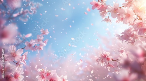Luminous cherry blossoms in soft focus  floating petals on a light blue sky.