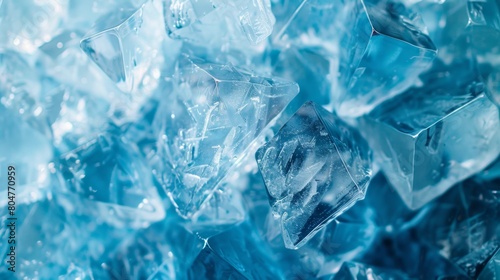Close-up of ice-like blue crystals with intricate light reflections.