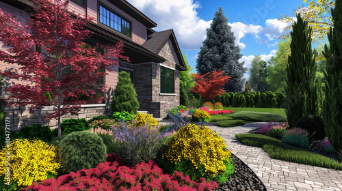 Dynamic spring front yard landscape with varying heights of shrubs and colorful ground covers photo