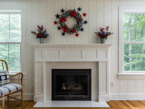 White living room fireplace mantel decorated in red and blue 4th of july or independance day patriotic home decorations for holiday Americana celebration a festive stylish lux wreath hangs on wall 
