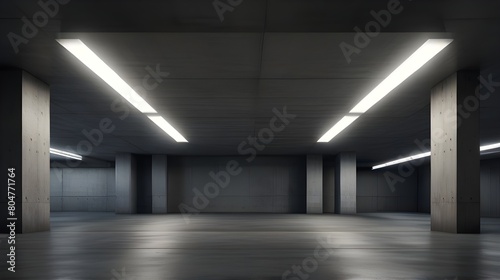 Empty Underground Parking Background: Modern Building with Concrete White Walls - Sunlight Through Ceiling Skylight Portal, 3D Rendering Template,Architectural Visualization, Real Estate Presentatio