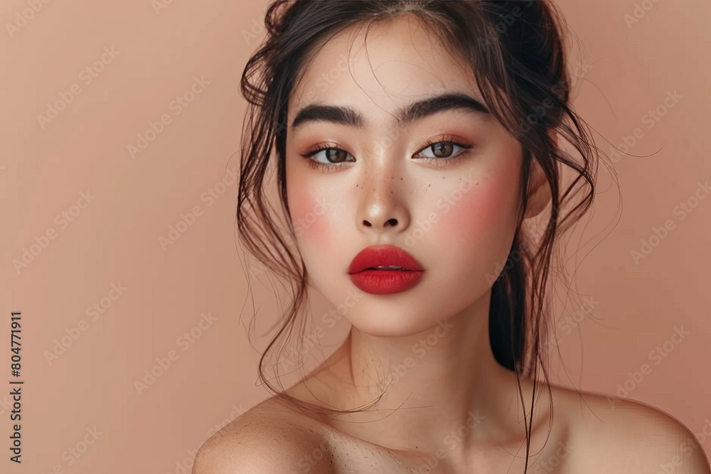 Feminine portrait woman with subtle makeup on soft background, ideal for text placement Feminine portrait woman with subtle makeup on soft background, ideal for text placement