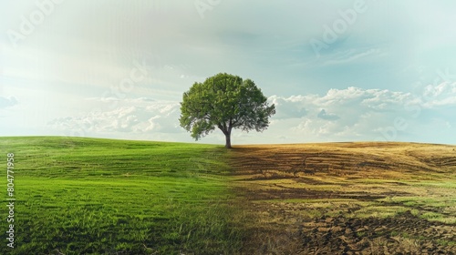 A lone tree on undulating green hills under a bright sky.