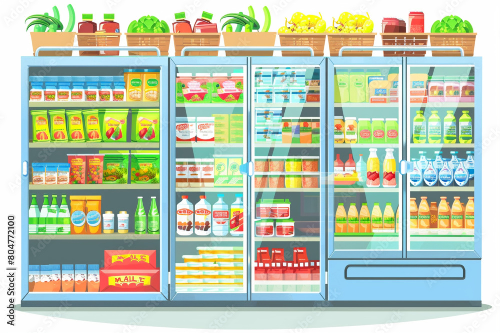 Grocery store aisle interior inside vector cartoon. Supermarket shelf and refrigerator for food. Basket, cart and fridge showcase for fish meat and vegetable to sell. Indoor mall furniture design set 