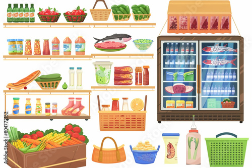 Grocery store aisle interior inside vector cartoon. Supermarket shelf and refrigerator for food. Basket, cart and fridge showcase for fish meat and vegetable to sell. Indoor mall furniture design set 