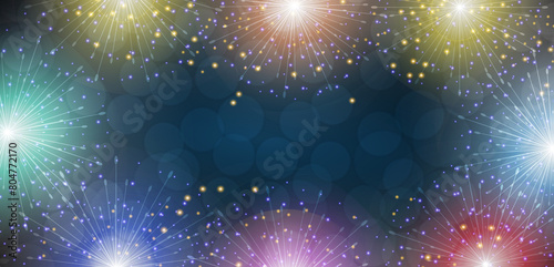 Brightly Colorful Fireworks. Holiday fireworks background. Illustration of Fireworks. Banner for holidays. Merry Christmas. Happy New Year. Happy Birthday.