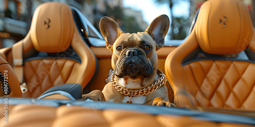 bulldog sitting on a car, A fat french bulldog puppy in Gangster style sitting in a lowrider with sunglasses, Cool Canine: Bulldog Lounging on Car, Gangster Pup: French Bulldog in Lowrider, Chill Ride photo