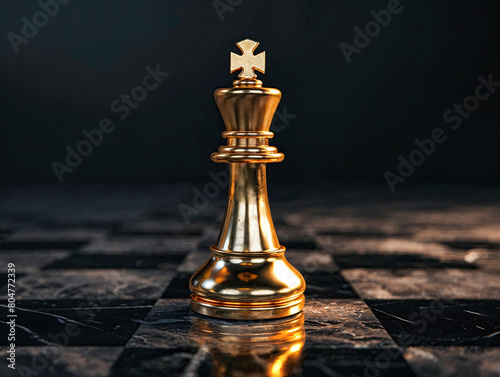 Shiny gold king chess piece stands isolated in the middle of a fancy chess board. 
