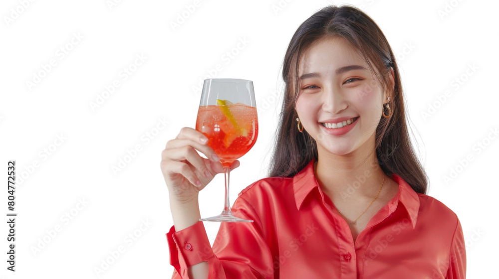 Happy asian young female tourist in a red shirt toasting with a cocktail white background Happy asian young female tourist in a red shirt toasting with a cocktail white background