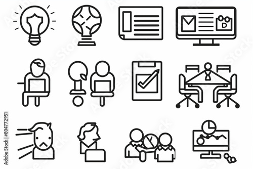 Meeting line icon set. Included icons as meeting room, team, teamwork, presentation, idea, brainstorm and more. vector icon, white background