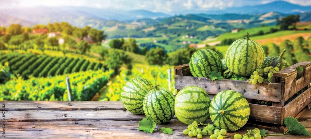 Ripe watermelons in wooden crates at farm stand warehouse with countryside background Ripe watermelons in wooden crates at farm stand warehouse with countryside background