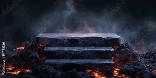 Empty black granite stone square podium stage for product display on dark backgrounds with lava erupt from melt rocks, smoke and dust for Halloween event background mock up, tough product showcase.