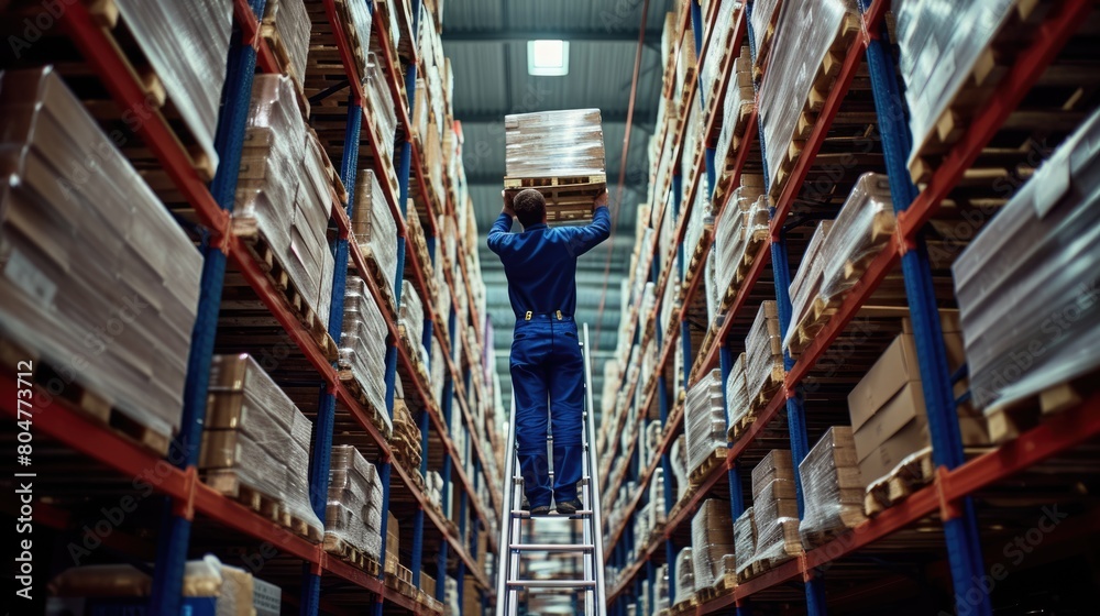 A man stands in a commercial building warehouse, observing boxes amidst the city's metropolis through a window with a metal facade. AIG41