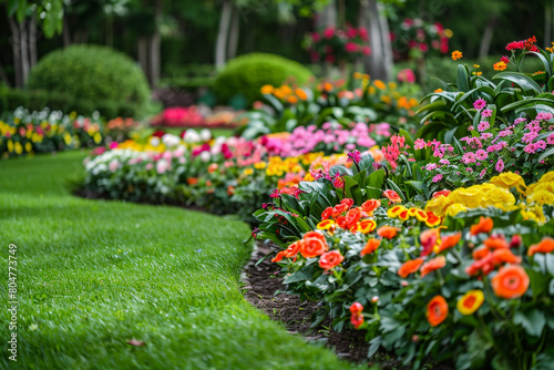 Modern springtime garden landscape with vibrant flower beds and lush green grass, no people, in high-definition photography style