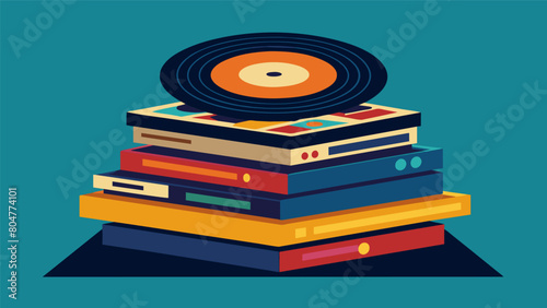 A stack of vintage vinyl records their covers containing treasures of iconic album art begs to be flipped through and discovered.. Vector illustration photo
