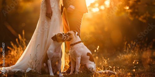The dog is at the wedding. She is happy that her owners finally got married. Happy marriage concept