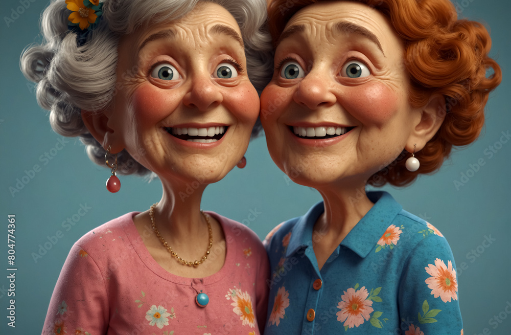 The Fun Side of Aging. Concept of Healthy Aging and Family Unity. Portraits of Family Elders in 3D Animation Style.