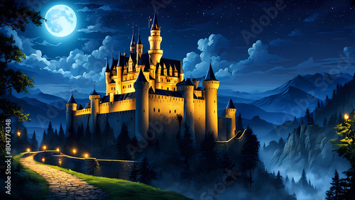 castle at night and moonlight,beautiful and shining old castle,setting,building,beautiful,Generative AI photo