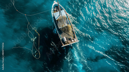 Aerial view of a fishing boat with nets in the open sea