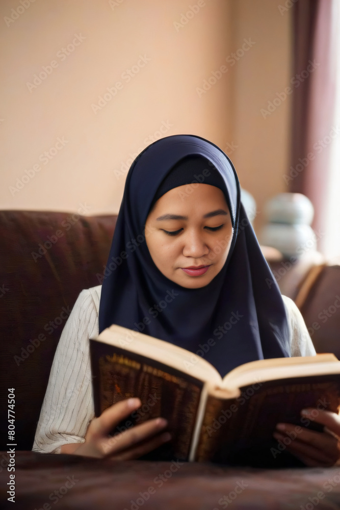 asian hijab girl reading a book on the living room asian hijab girl reading a book on the living room