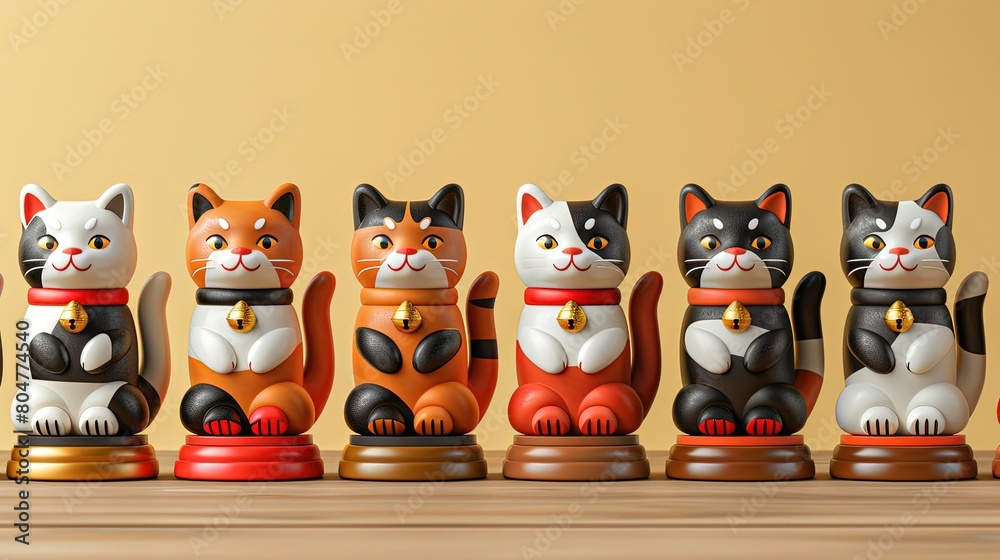Lucky Cat Parade. A charming of beckoning cat (maneki-neko) figurines in various poses and colors against a light yellow background, representing prosperity and good luck. Lucky Cat Parade. A charming of beckoning cat (maneki-neko) figurines in various poses and colors against a light yellow background, representing prosperity and good luck.